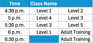 Chart of September/October 2025 Monday evening swim schedule classes and times. 