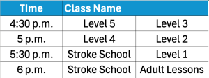 Chart of September/October 2025 Wednesday evening swim schedule classes and times. 