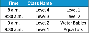 Chart of September/October 2025 Saturday morning swim schedule classes and times. 