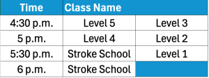 Chart of Fall 2 October/November 2025 Wednesday evening swim schedule classes and times.