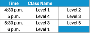 Chart of Fall 2 October/November 2025 Monday evening swim schedule classes and times.