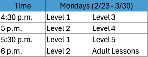 Monday Class Schedule