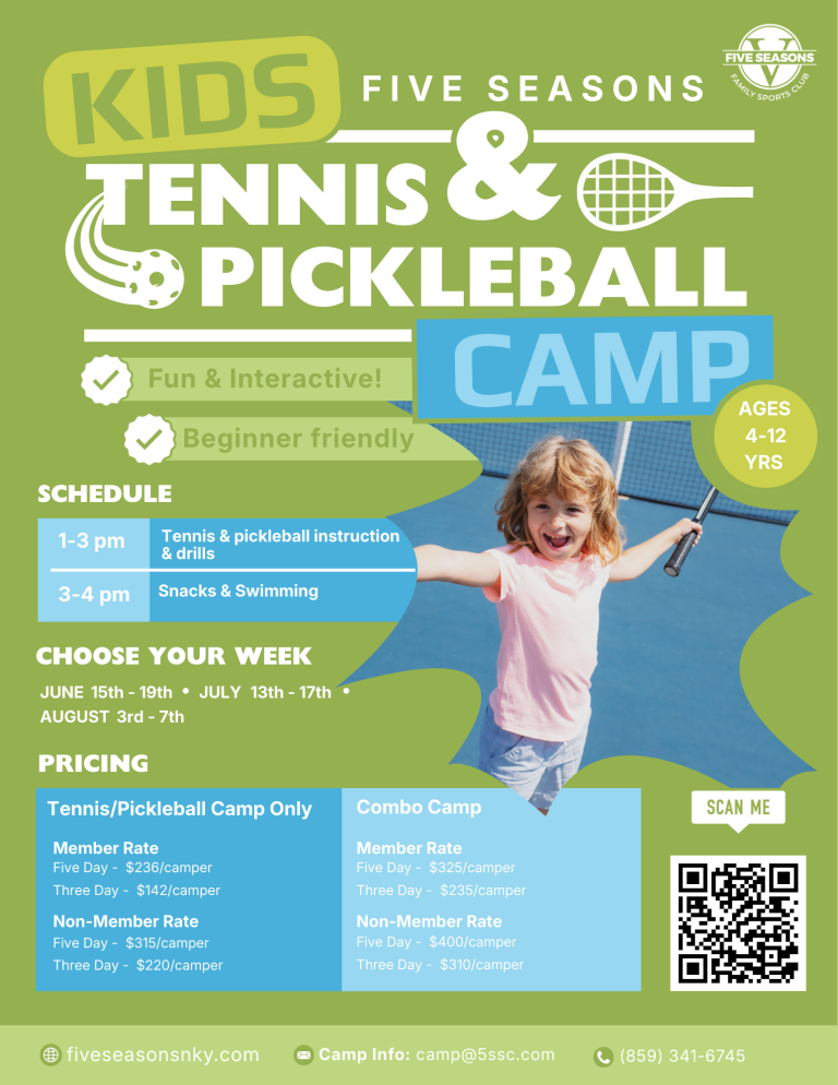 Kids Tennis & Pickleball Summer Camp, ages 4-12, June, July, or August