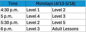Monday Swim Schedule April-May 2026