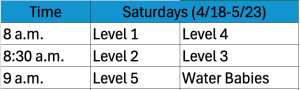 Saturday Swim Schedule April-May 2026