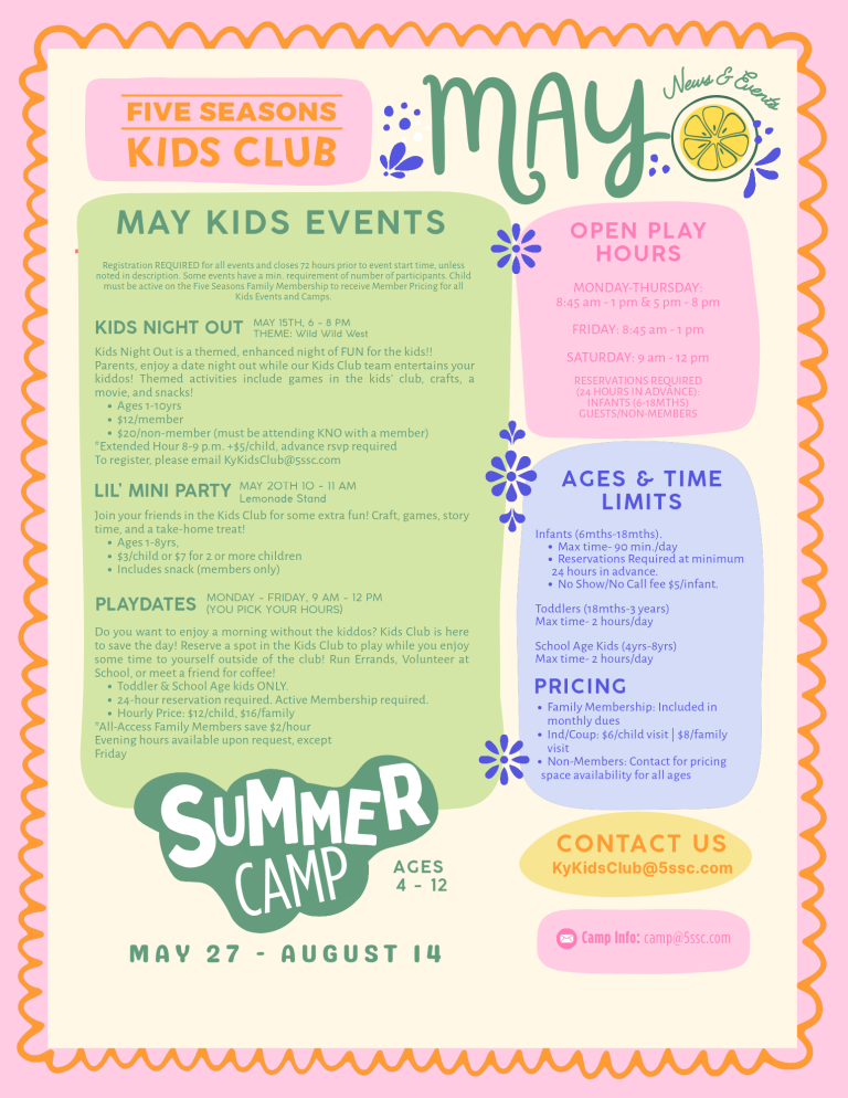 Five Seasons Kids Club May 2026 Event Calendar