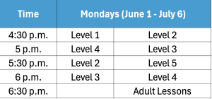 Learn to Swim Monday schedule for June 1 - July 6