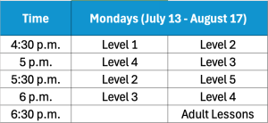 Monday Swim Schedules July 13 - August 17, 2026.
