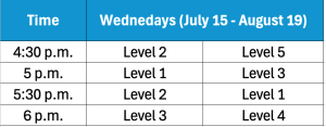Wednesdays Swim Schedule July 15 - August 19, 2026.
