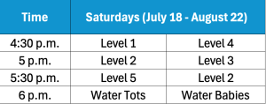 Saturdays Swim Schedule July 18 - August 22, 2026.