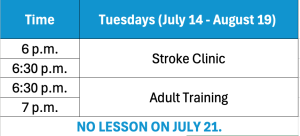 Tuesdays Swim Schedule July 14 - August 19, 2026.