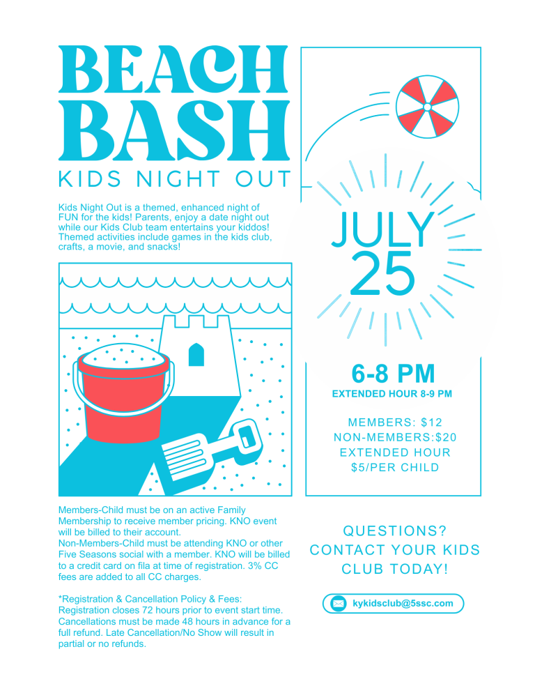 Kids Night Out Beach Bash, July 25, 6-8 p.m.